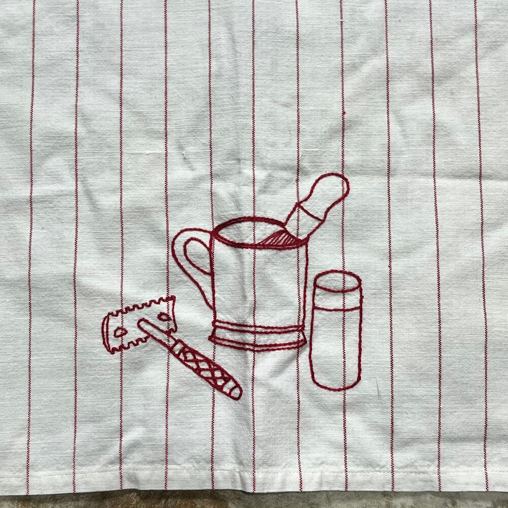 Vintage Embroidered Tea Towel Shaving Razor Brush Red Striped Barber Decor
